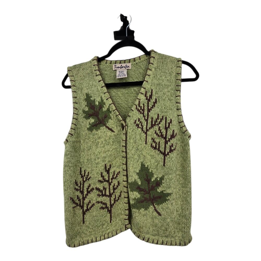 Vintage Timberlea Embroidered Sweater Vest Womens SM‎ Green Leaves Nature Cabin